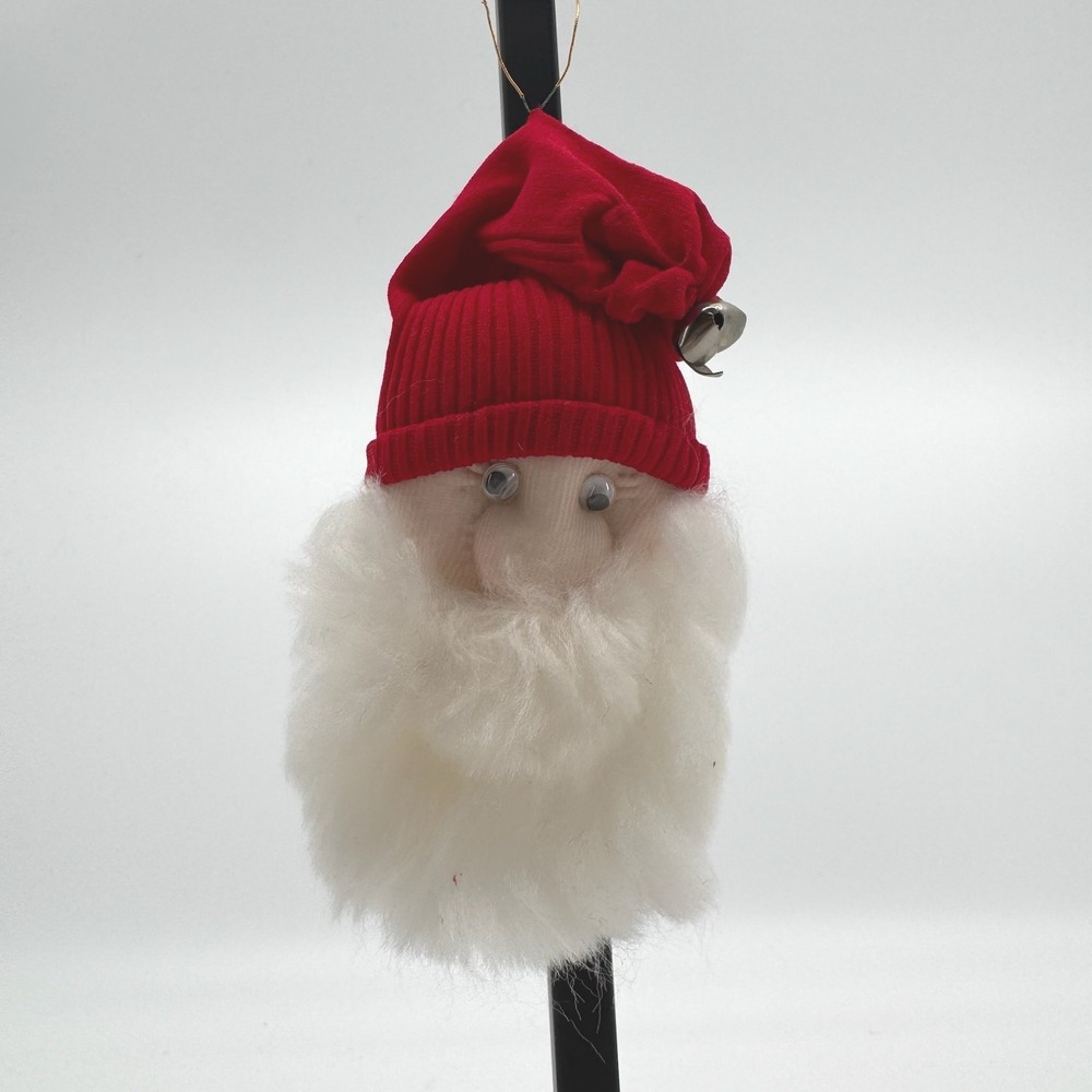 Vtg Handmade Santa Face Ornament Red Stocking Cap Jingle Bell Beard Googly Eyes
